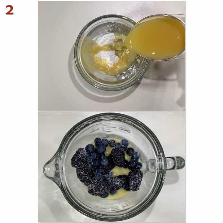 Collage of making the orange juice slurry & adding to berry mixture.