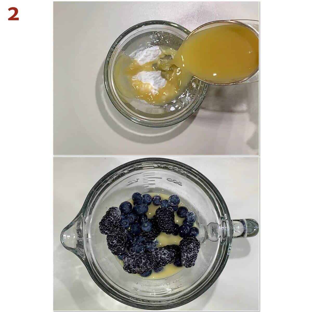 Collage of making the orange juice slurry & adding to berry mixture.