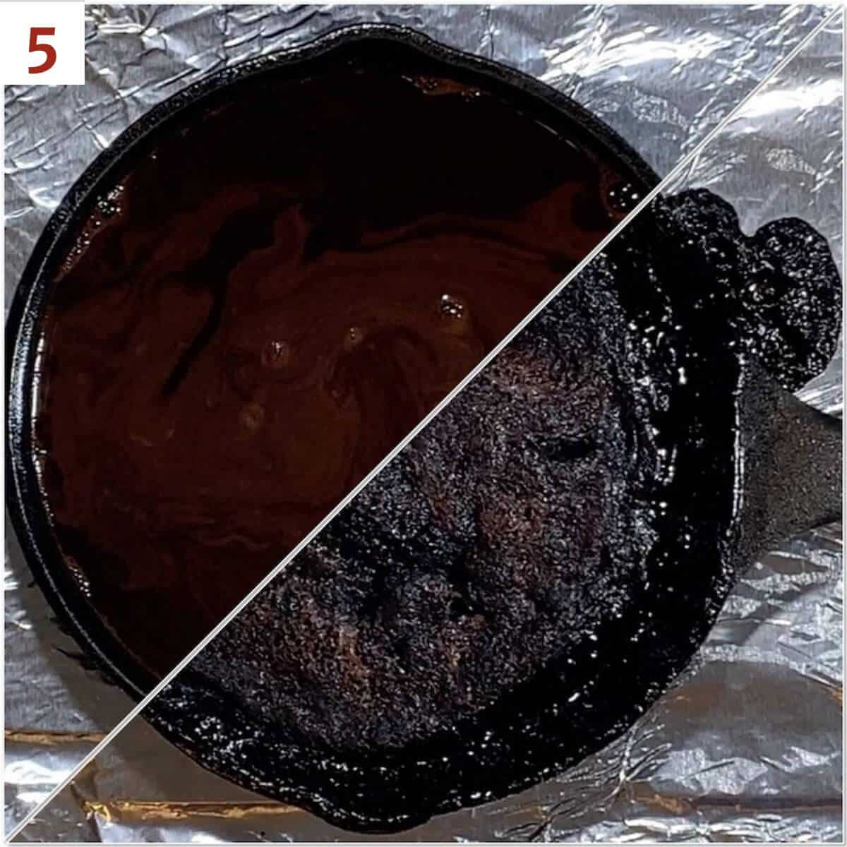 Collage of pudding cake before & after baking.