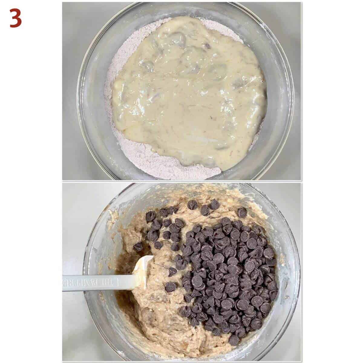 Collage of making chocolate chip banana bread batter.