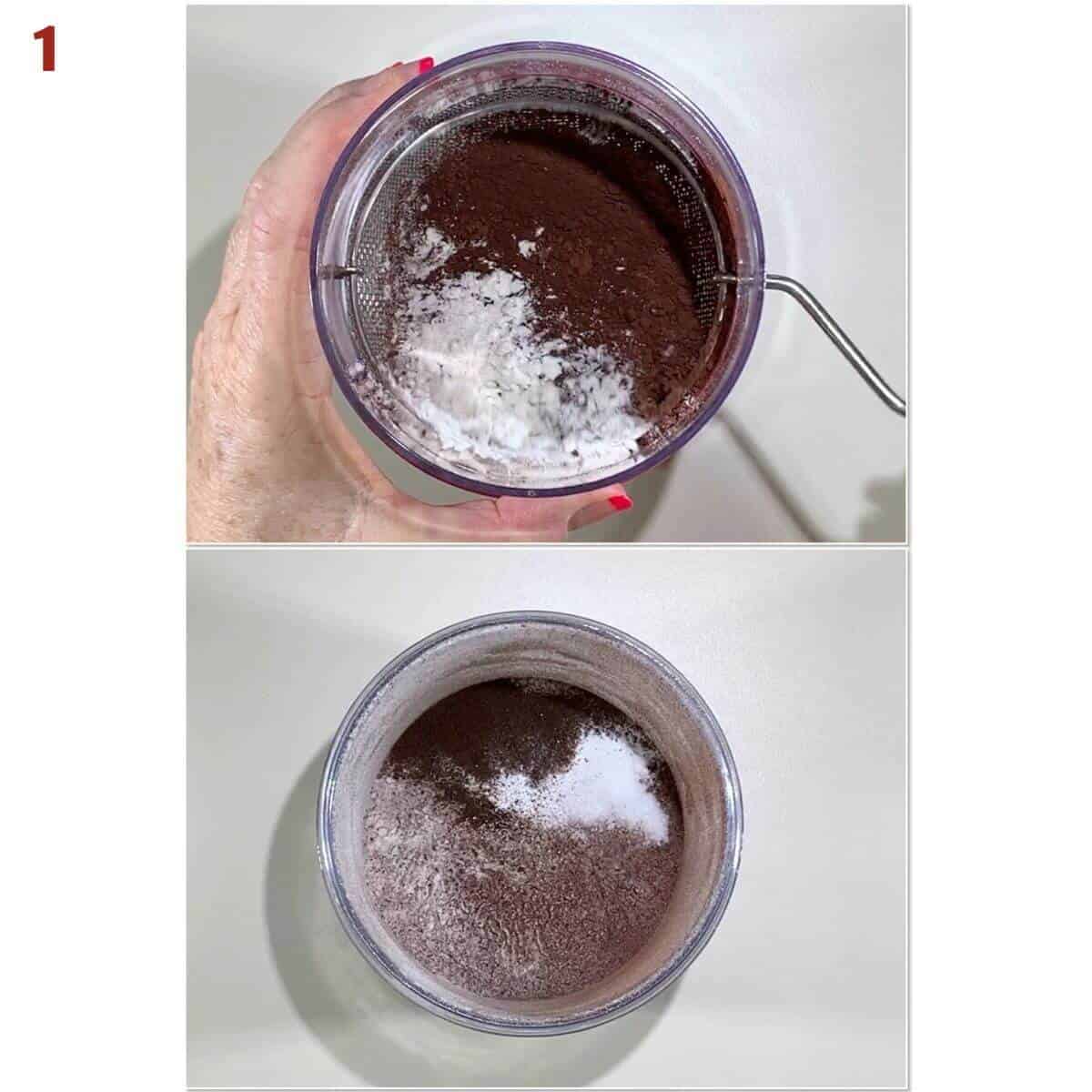 Collage of mixing flour, cocoa powder, espresso powder, baking powder, and salt.