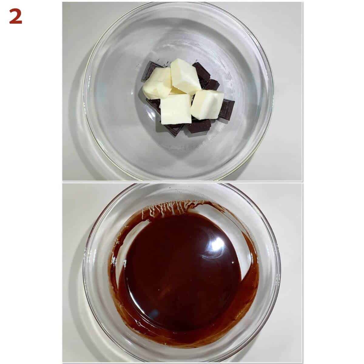 Collage of before and after melting chocolate and butter.