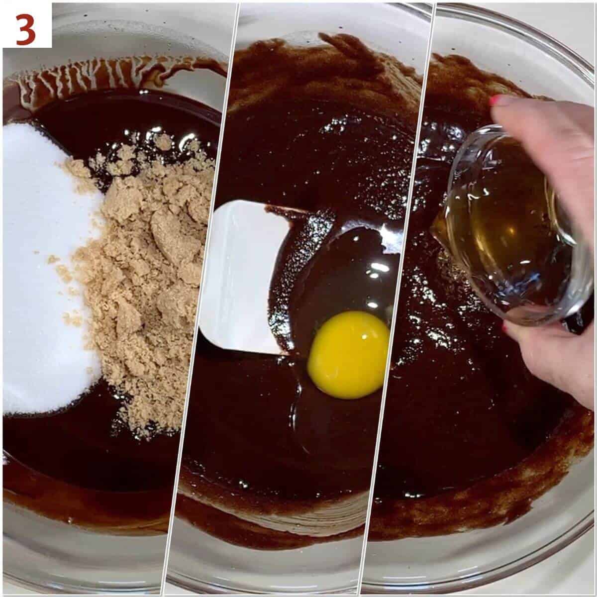 Collage of adding sugar, brown sugar, eggs, and vanilla to a melted chocolate mixture.