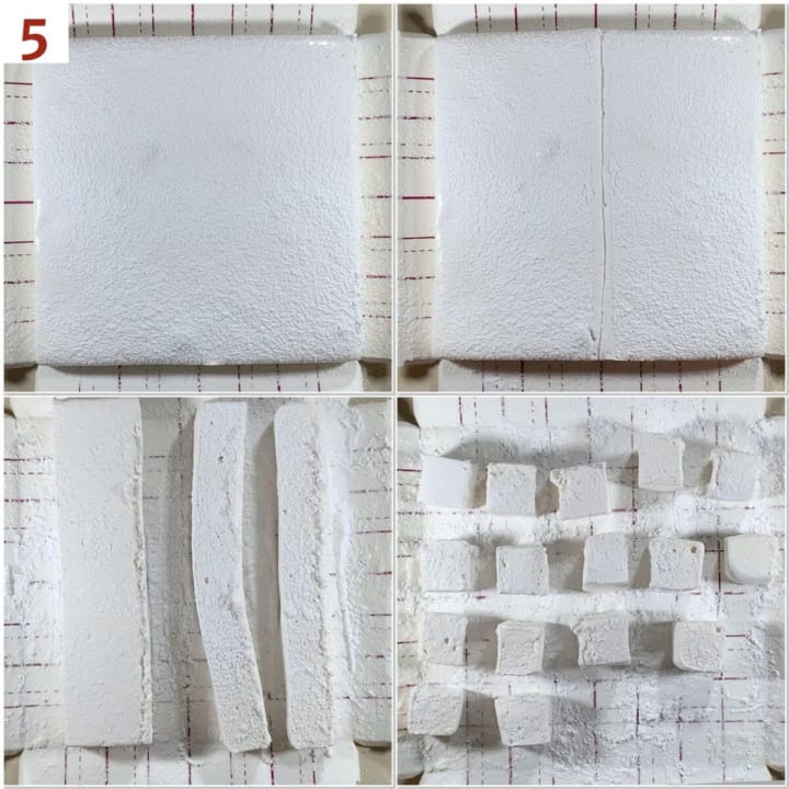 Collage of cutting marshmallow block into pieces.