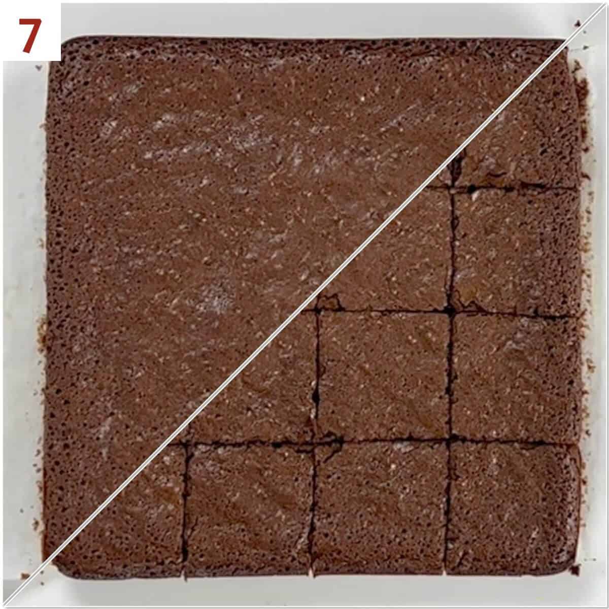 Collage of before and after slicing the brownie slab into 16 squares.
