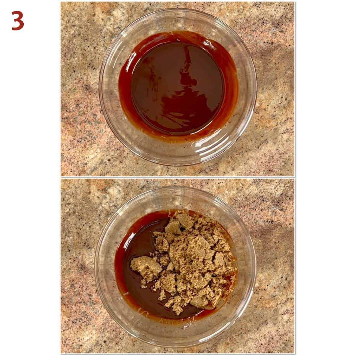 Collage of adding brown sugar to the cooled melted chocolate.