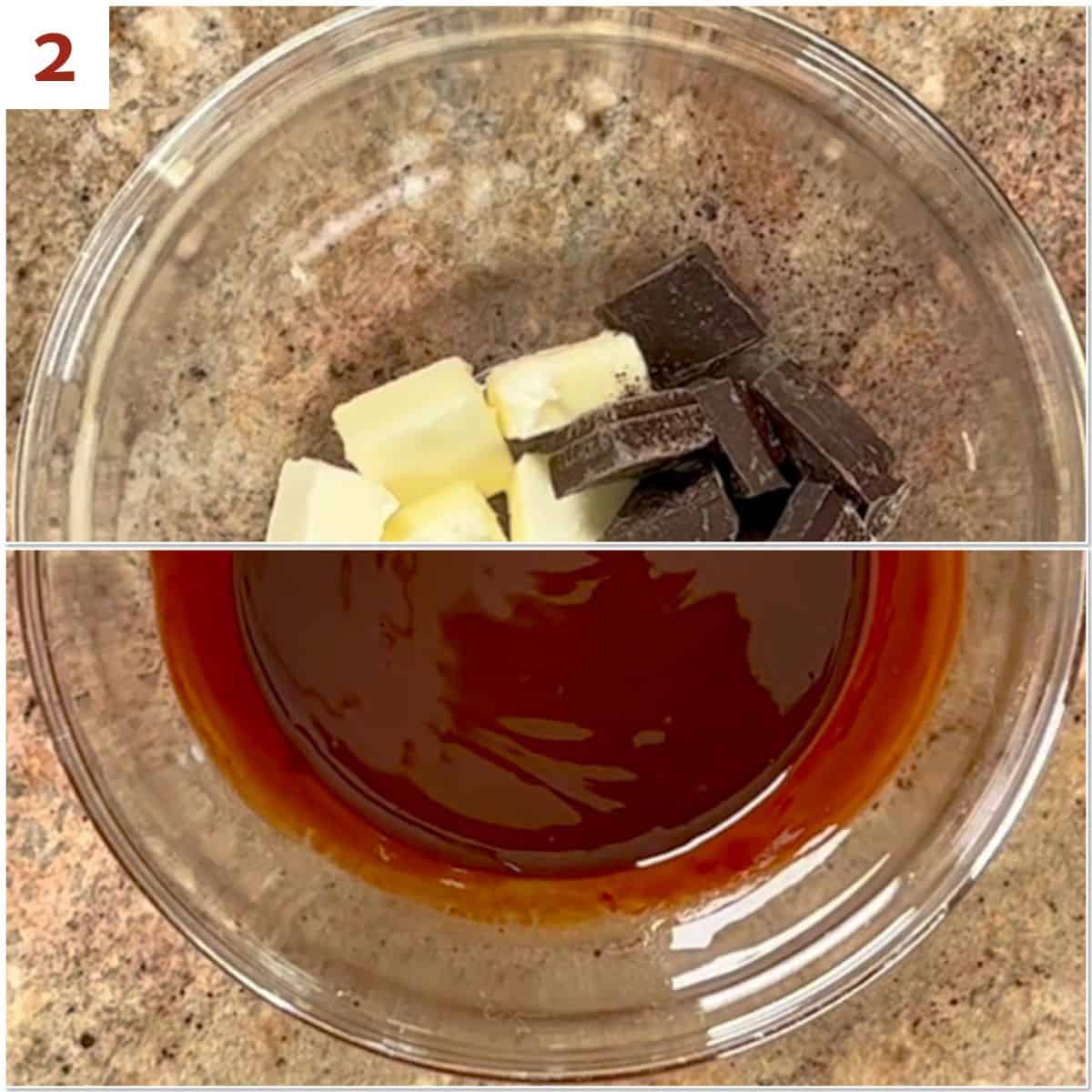Collage of melting butter and chopped dark chocolate in a glass mixing bowl from overhead.