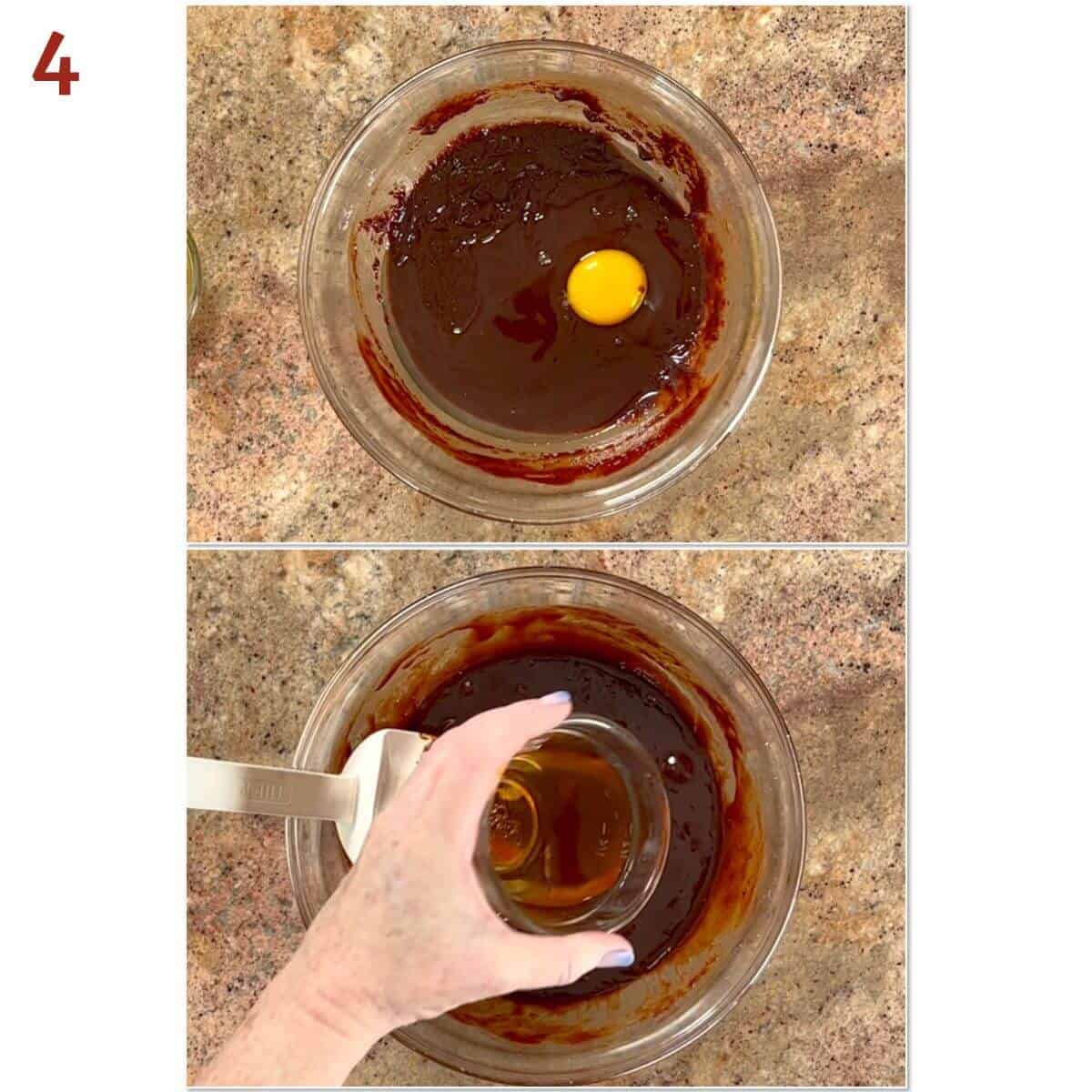 Collage of adding eggs, bourbon, and vanilla to the melted chocolate mixture.