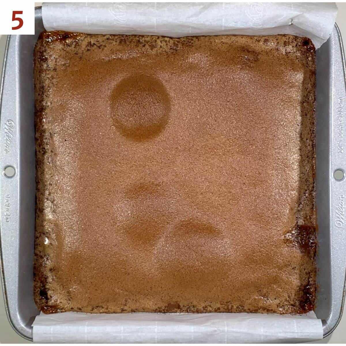 Brown sugar slab pie in pan after baking.