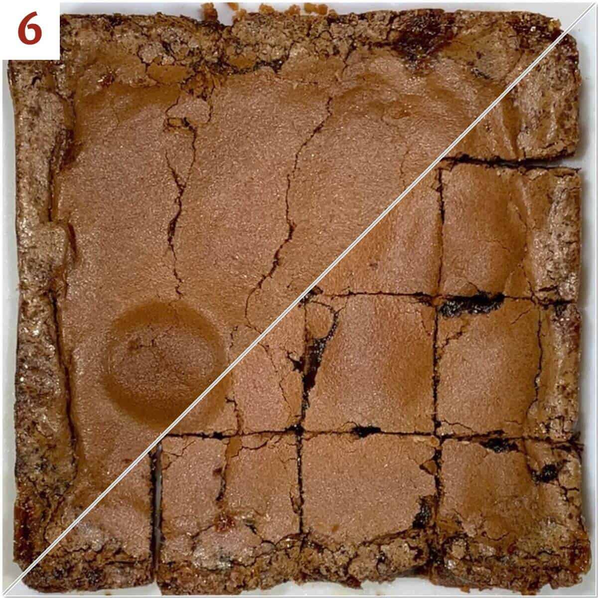 Collage of brown sugar bars before and after cutting into squares.