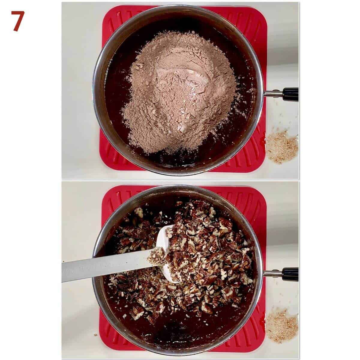 Collage of adding the flour mixture and chopped pecans to the chocolate mixture in a saucepan.
