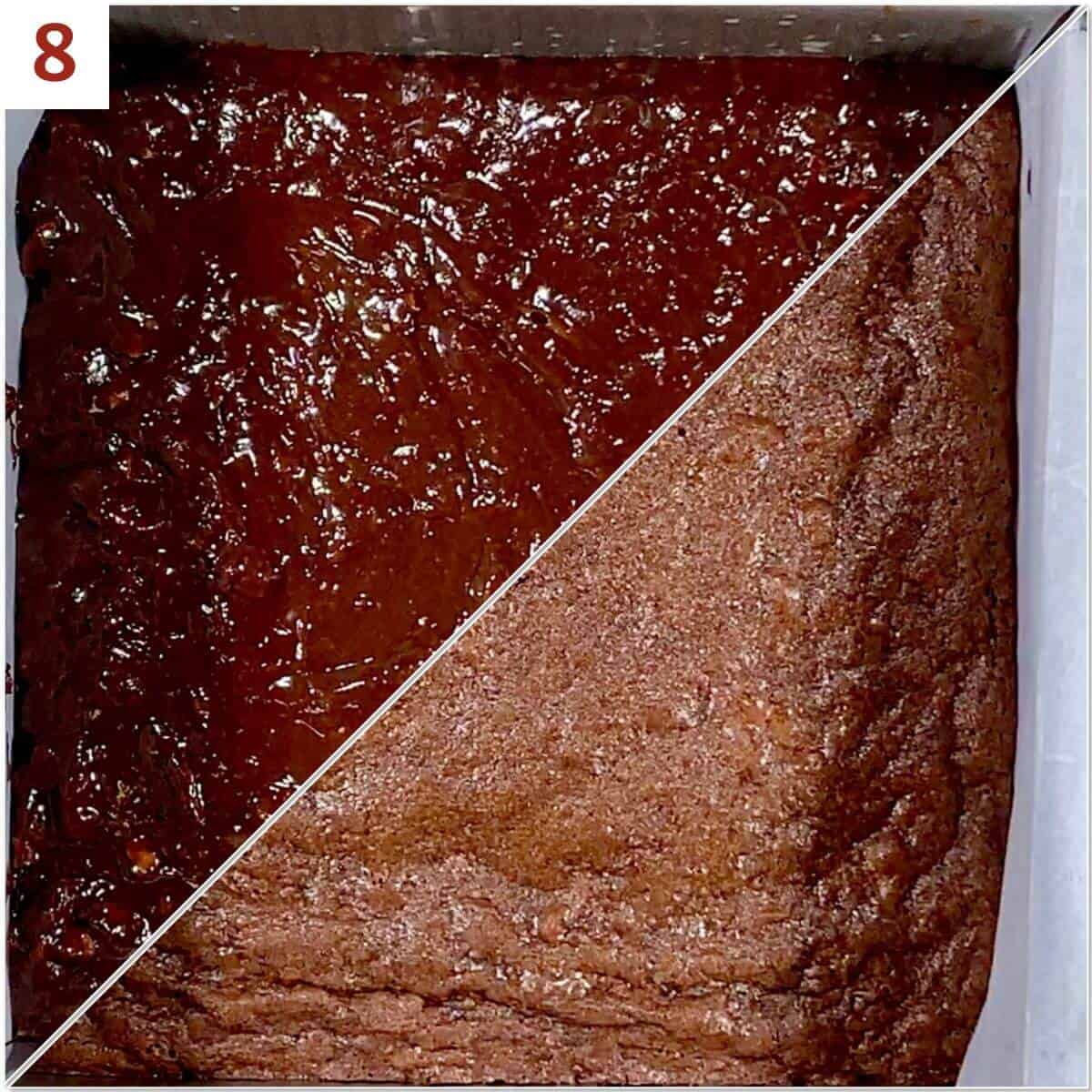 Collage of whiskey brownies before and after baking.