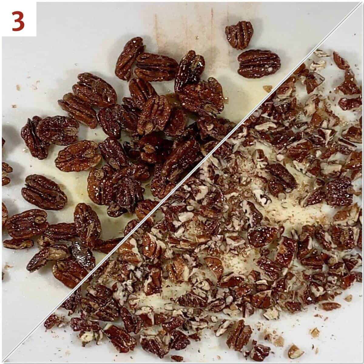 Collage of before and after chopping candied pecans on a cutting board.