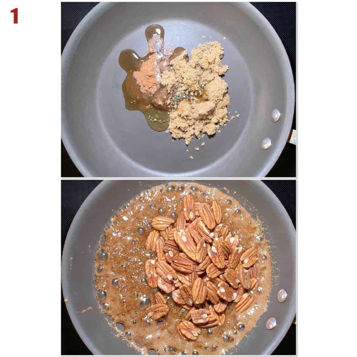 Collage of cooking the ingredients to make candied pecans in a sauté pan.