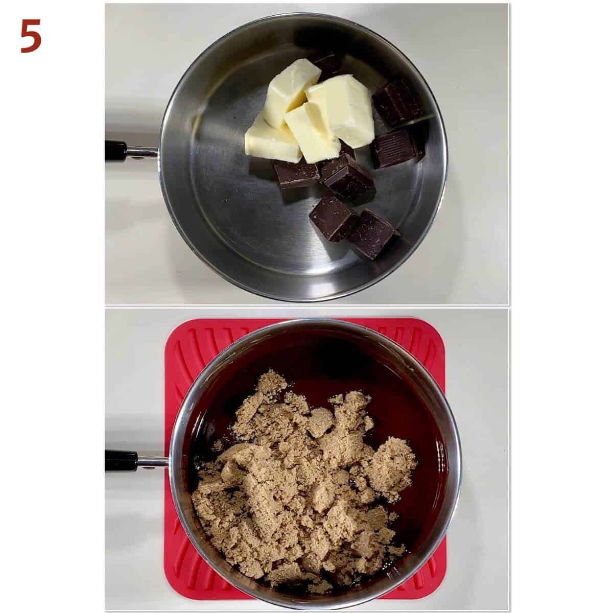 Collage of melting chocolate and butter in a saucepan, then adding brown sugar.
