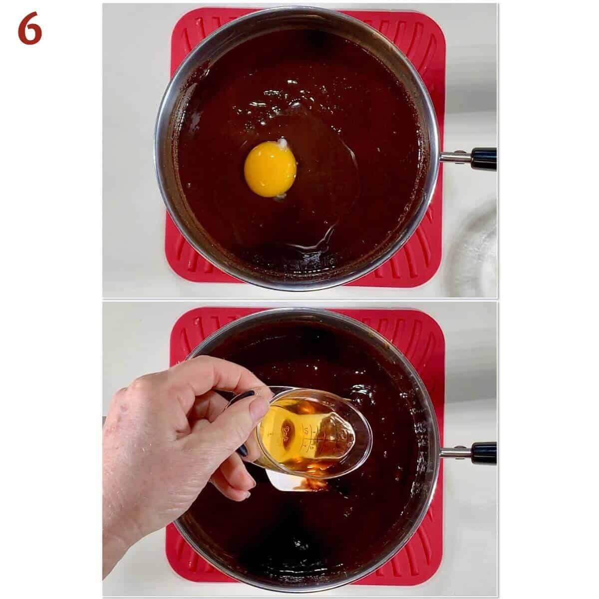 Collage of adding an egg and whiskey to the chocolate mixture in a saucepan.