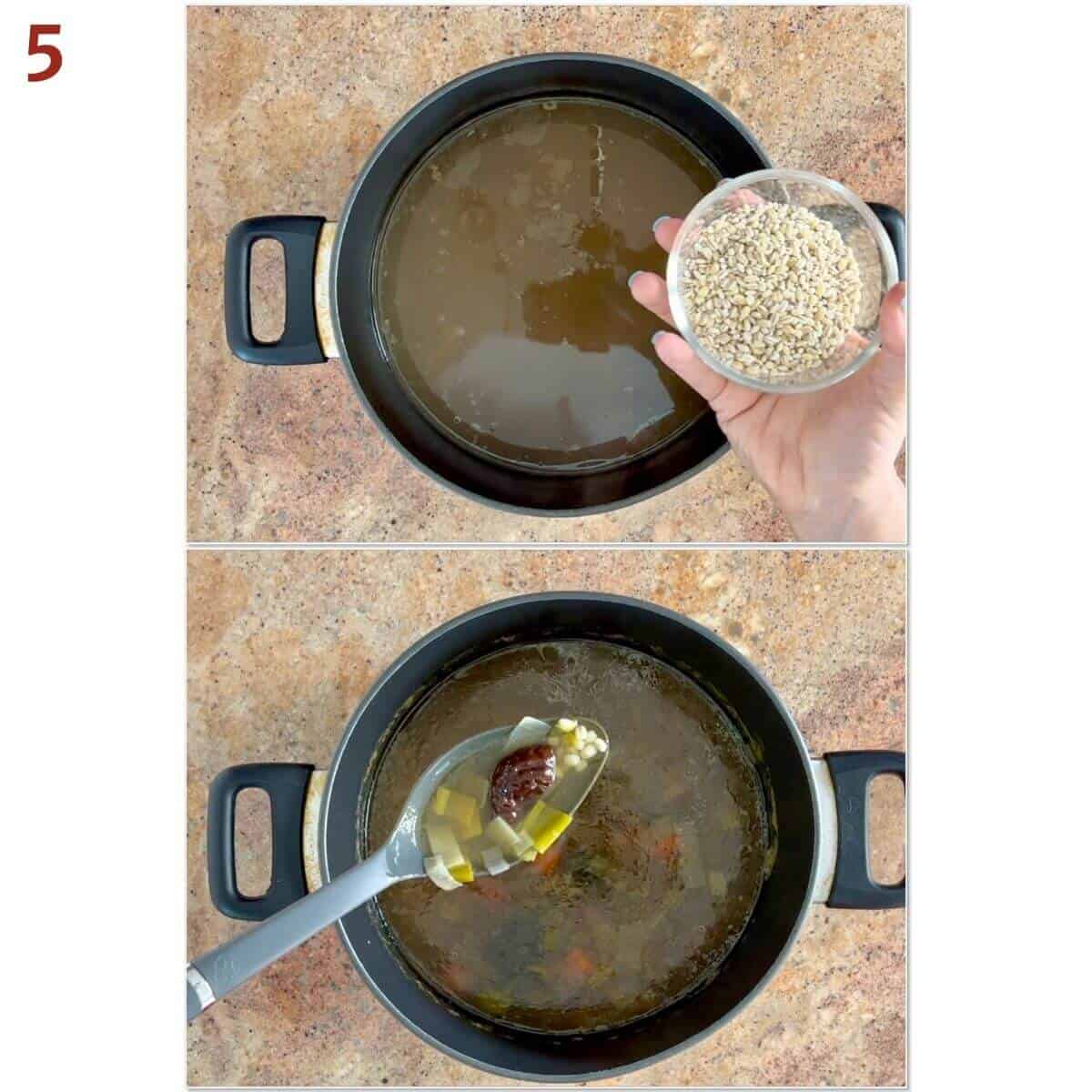 Collage of before and after cooking pearl barley in chicken.