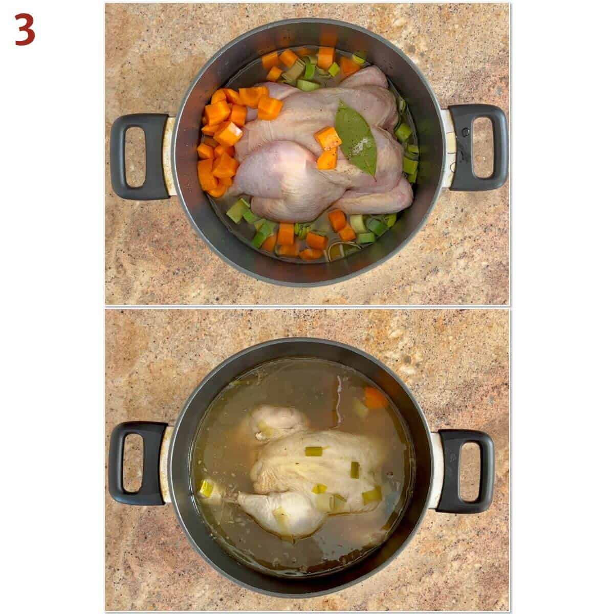 Collage of cock-a-leekie soup in a stock pot before and after simmering.