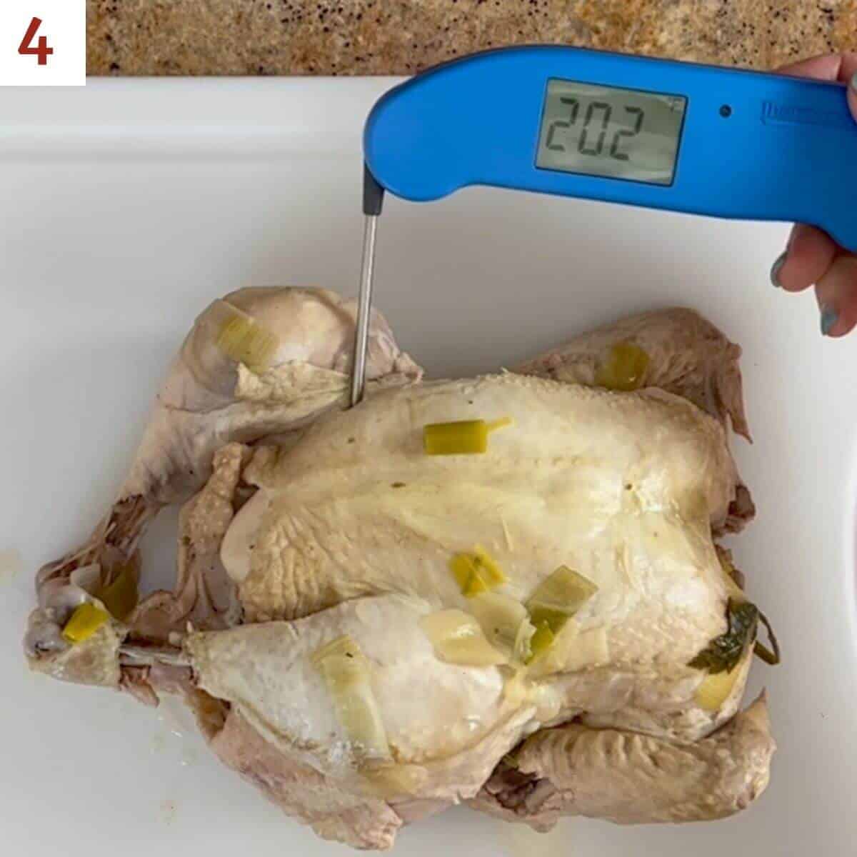 Taking the temperature of a whole cooked chicken on a white cutting board with a digital thermometer.