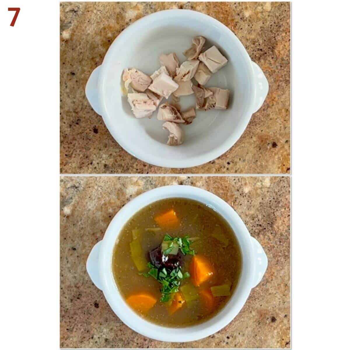 Collage of putting chicken into a white soup bowl and adding soup on top.