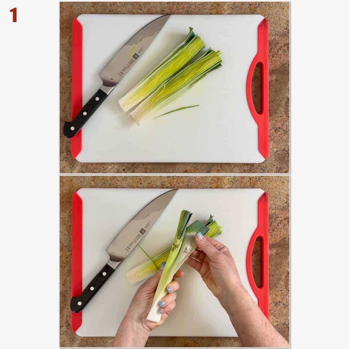 Collage of splitting leeks lengthwise on a cutting board and showing the dirt.