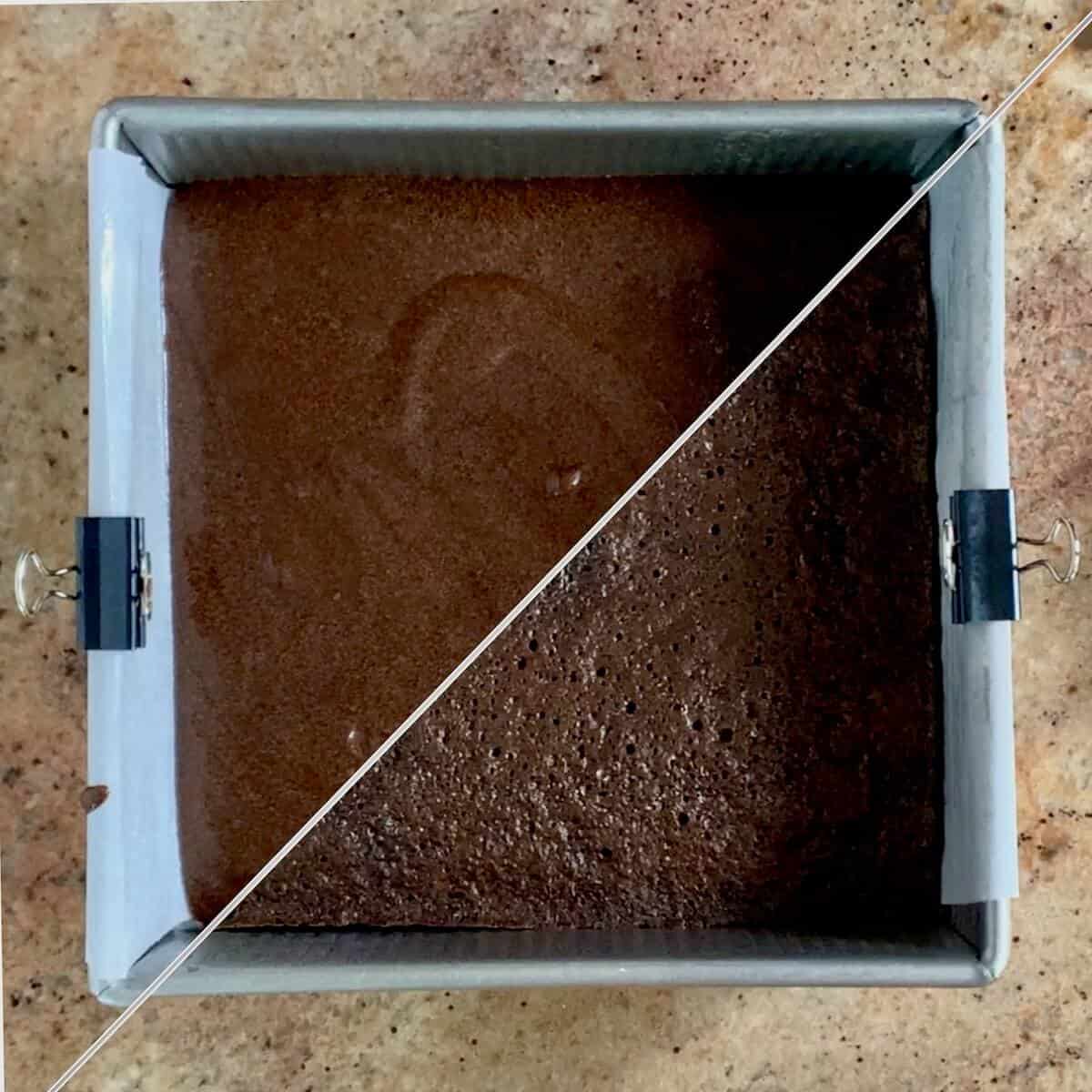Collage of before & after baking a brownie using binder clips to hold the parchment.