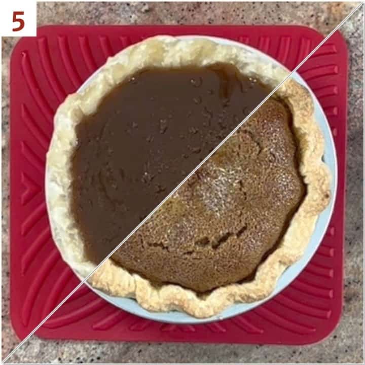 Collage of butterscotch pie before and after baking.