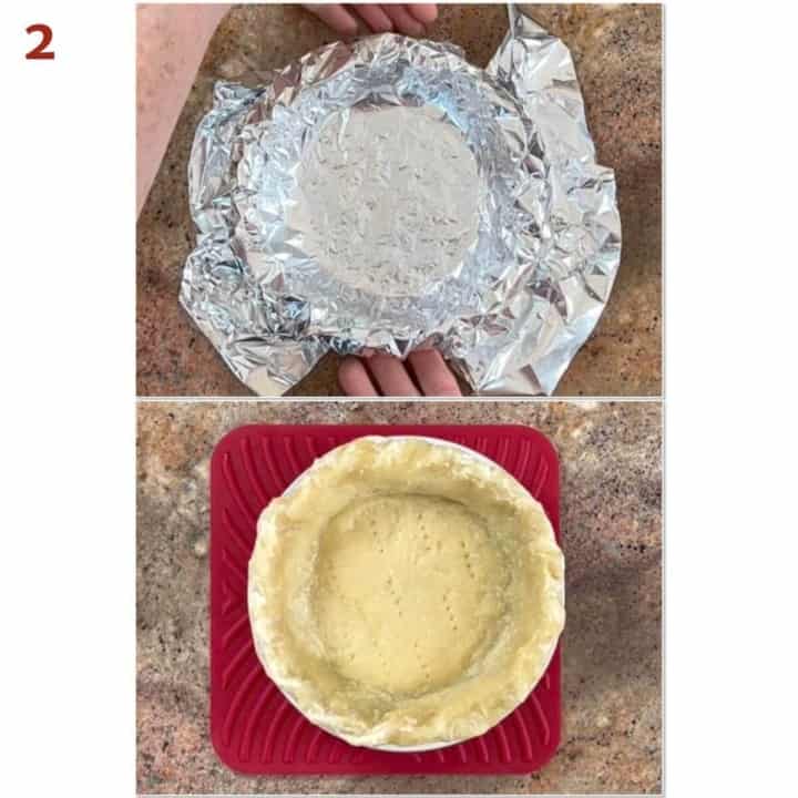 Collage of wrapping pie shell in foil and after par-baking.