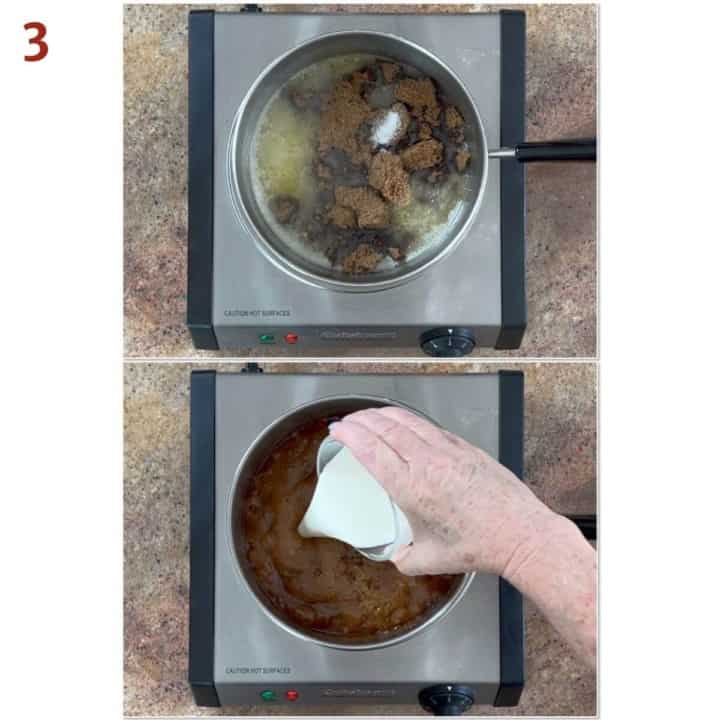 Collage of cooking butter, brown sugar, salt, and heavy cream into butterscotch filling.
