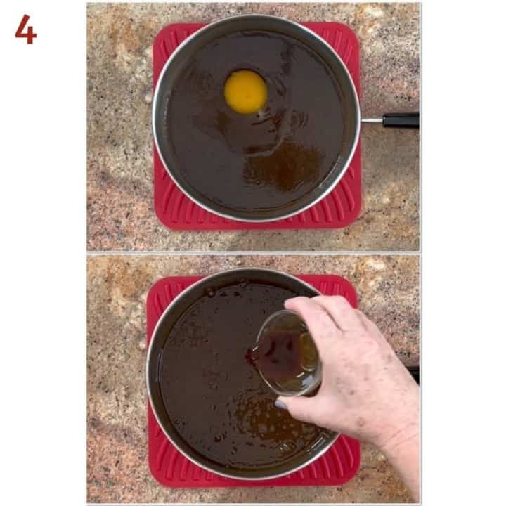 Collage of adding eggs and vanilla to butterscotch filling.