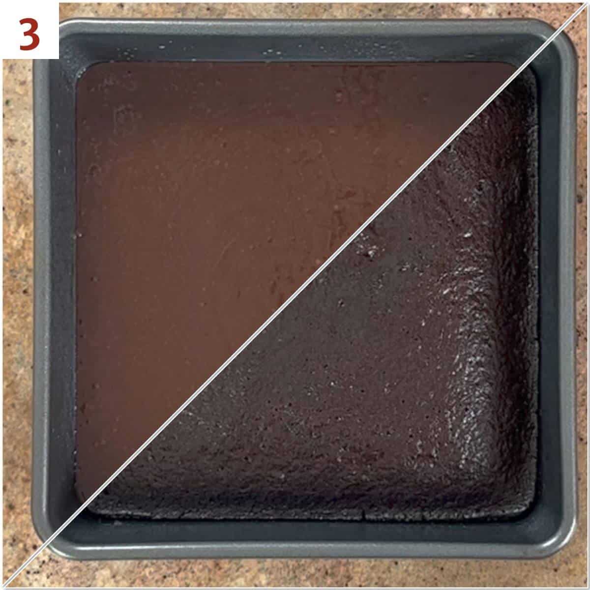 Collage of eggless chocolate cake before & after baking.