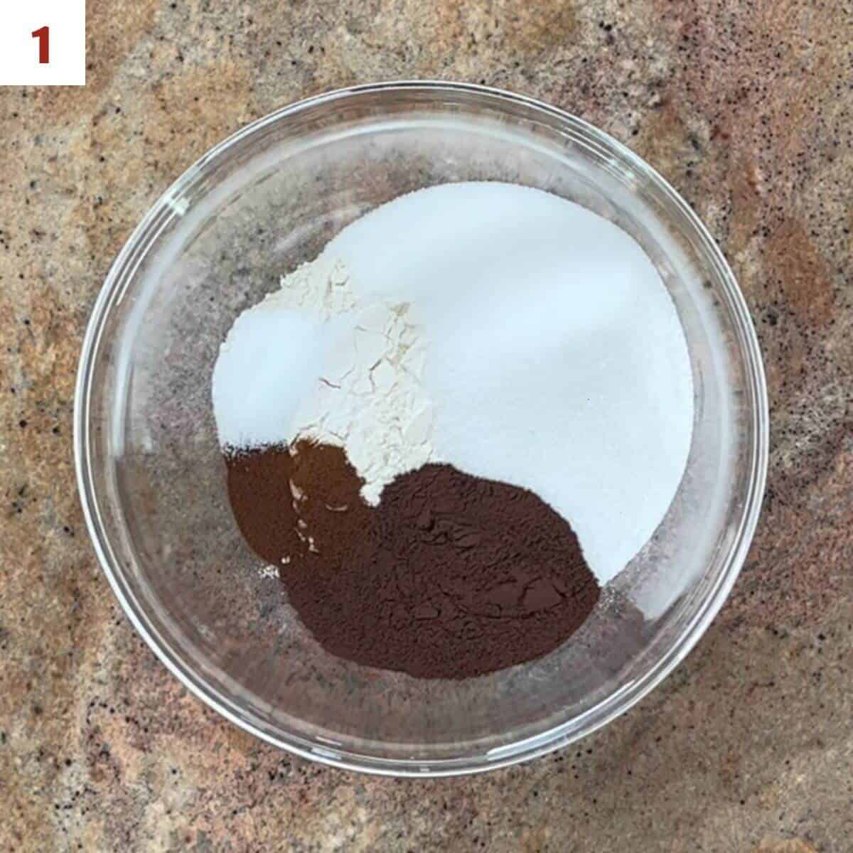 Combining the flour, sugar, cocoa powder, espresso powder, baking soda, & salt.