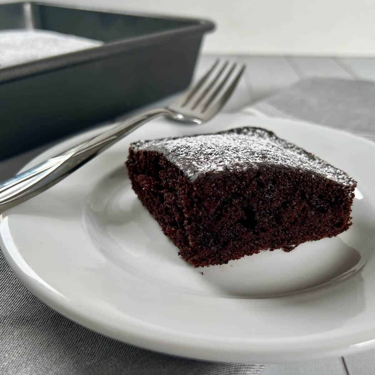 Piece of chocolate cake on a white plate next to a fork with cake in background.