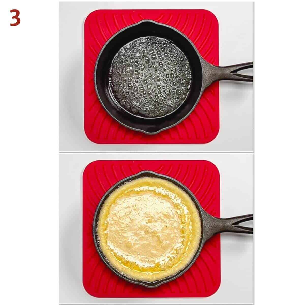 Collage of adding melted butter to a preheated cast iron skillet on a red trivet, then adding the cornbread batter.