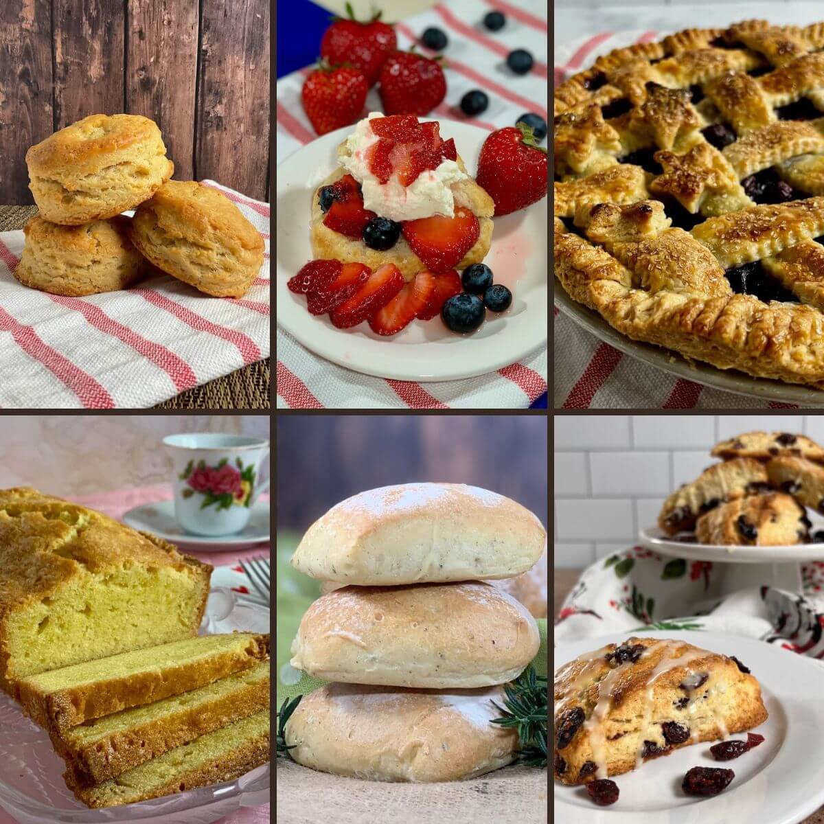 Collage of images of biscuits, pie crust, pound cake, ciabatta rolls, and scones.