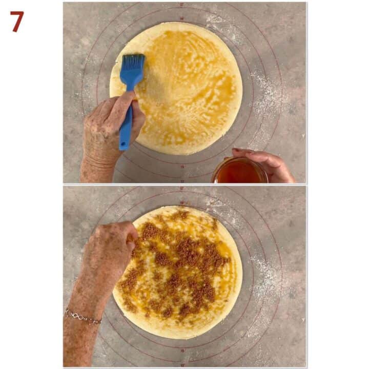 Collage of brushing boiled cider onto the dough disk, then topping with the brown sugar filling.