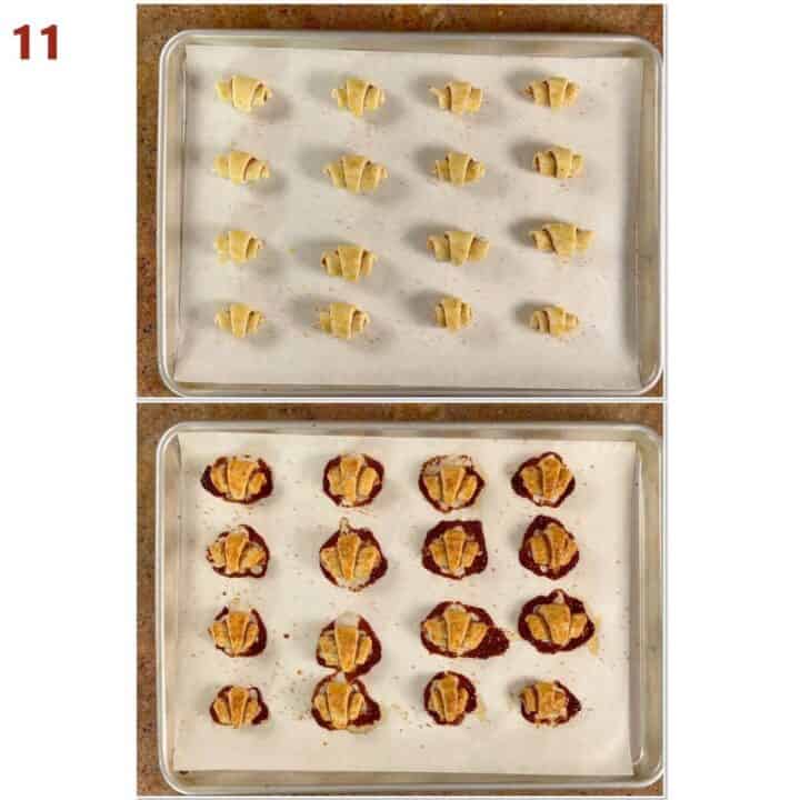 Collage of before and after baking rugelach.