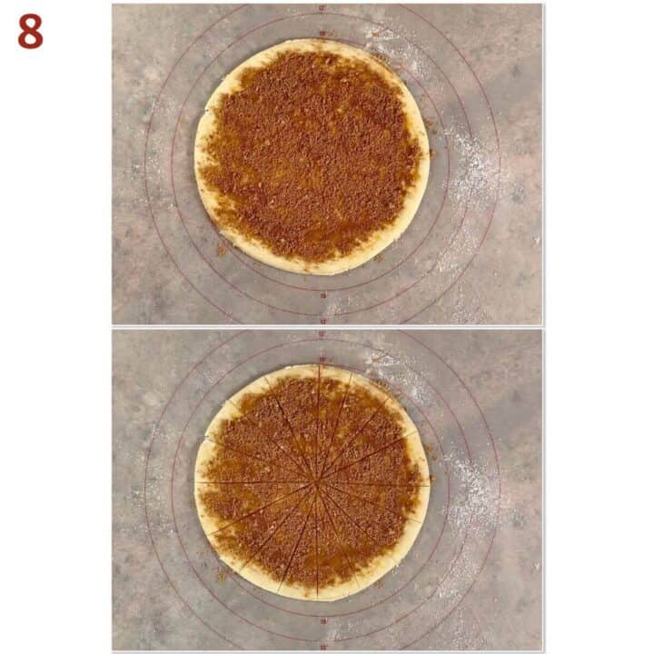 Collage of before and after cutting the filling-topped rugelach dough disk into 16 portions.