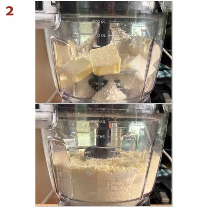 Collage of a food processor bowl with cream cheese, butter, and the flour mixture before and after pulsing.