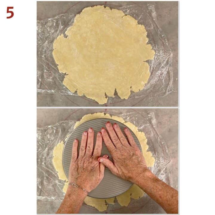 Collage of rolled out rugelach dough into a 10-inch circle and pressing a 9-inch cake pan to act as a circle cutting guide.