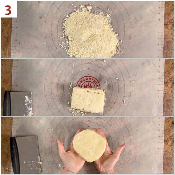 Collage of forming rulegach dough from the food processor into a disk.