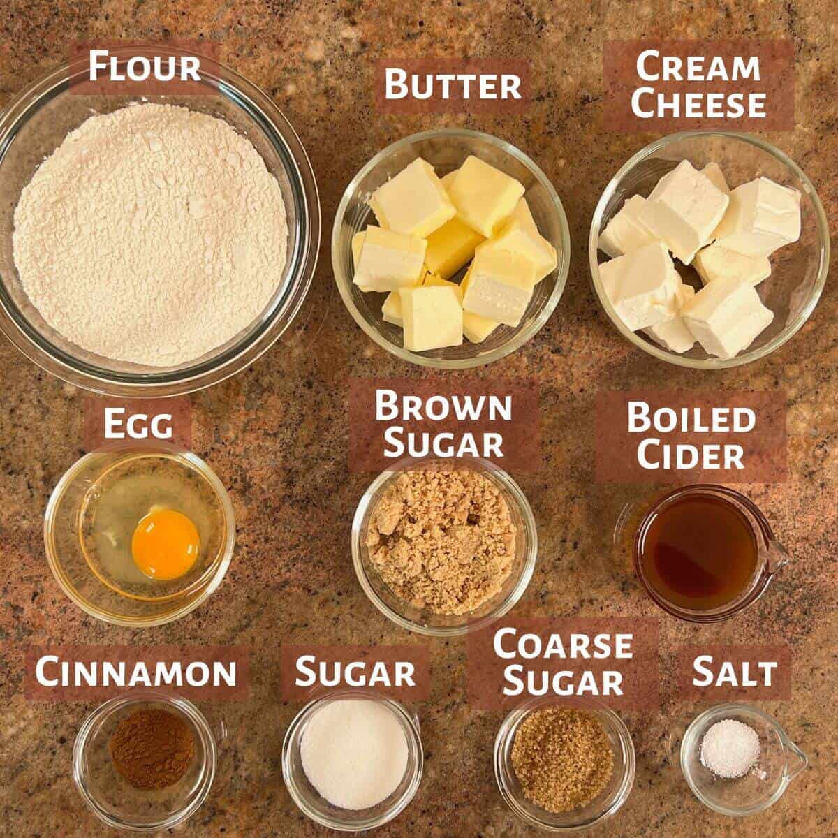 Ingredients for Apple Cinnamon Rugelach portioned into glass bowls.