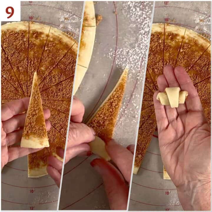 Collage of shaping a wedge of rugelach dough into a crescent cookie.
