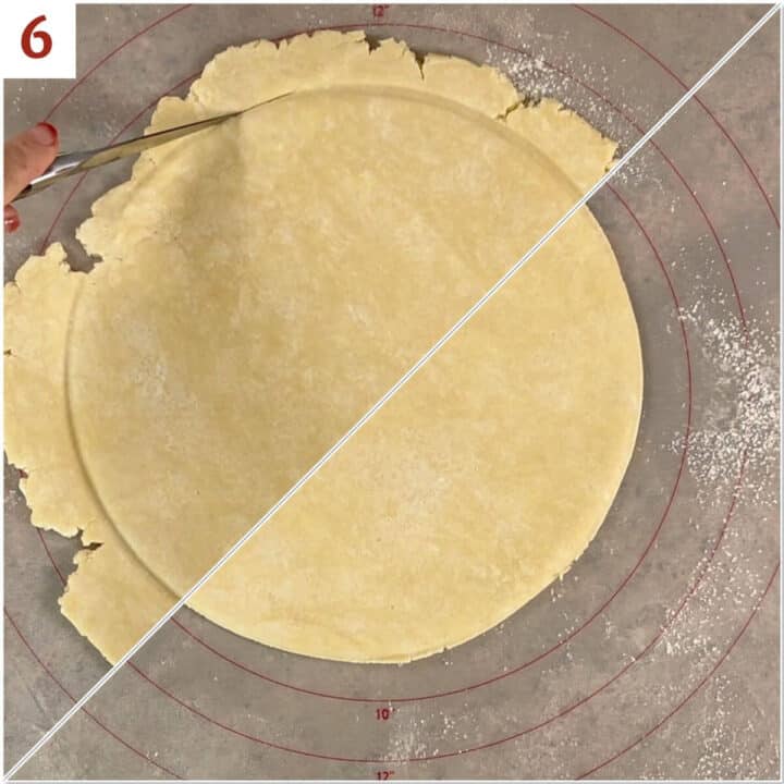Collage of before and after trimming the rolled-out dough into a circle with even edges.