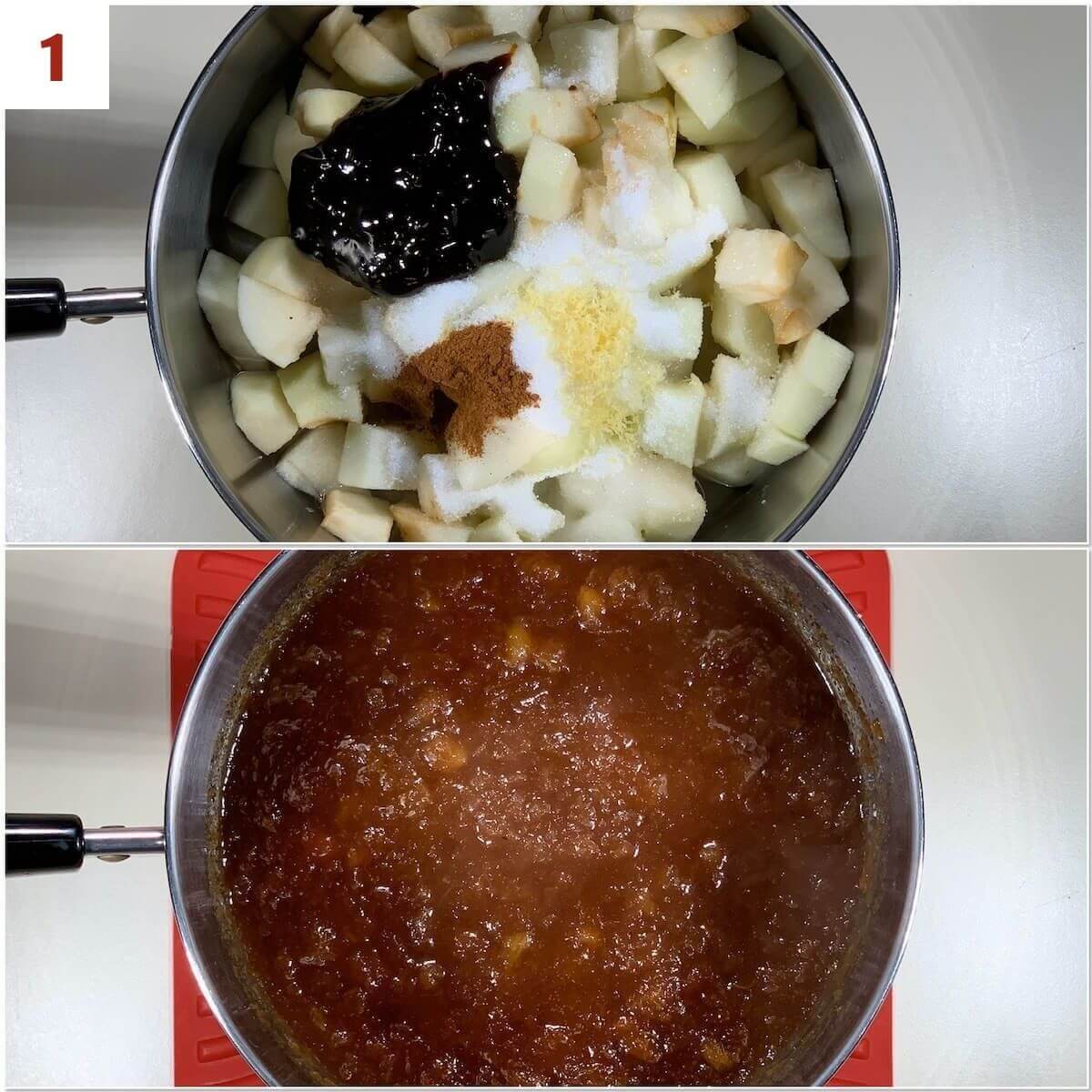 Collage of before and after making applesauce in a saucepan.