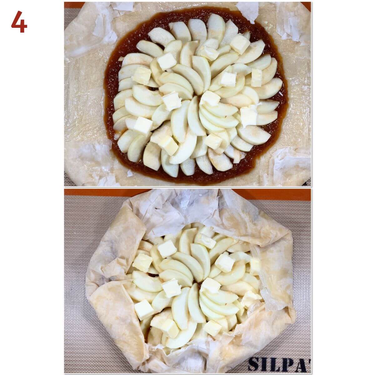 Collage of before and after folding phyllo dough over apple filling.