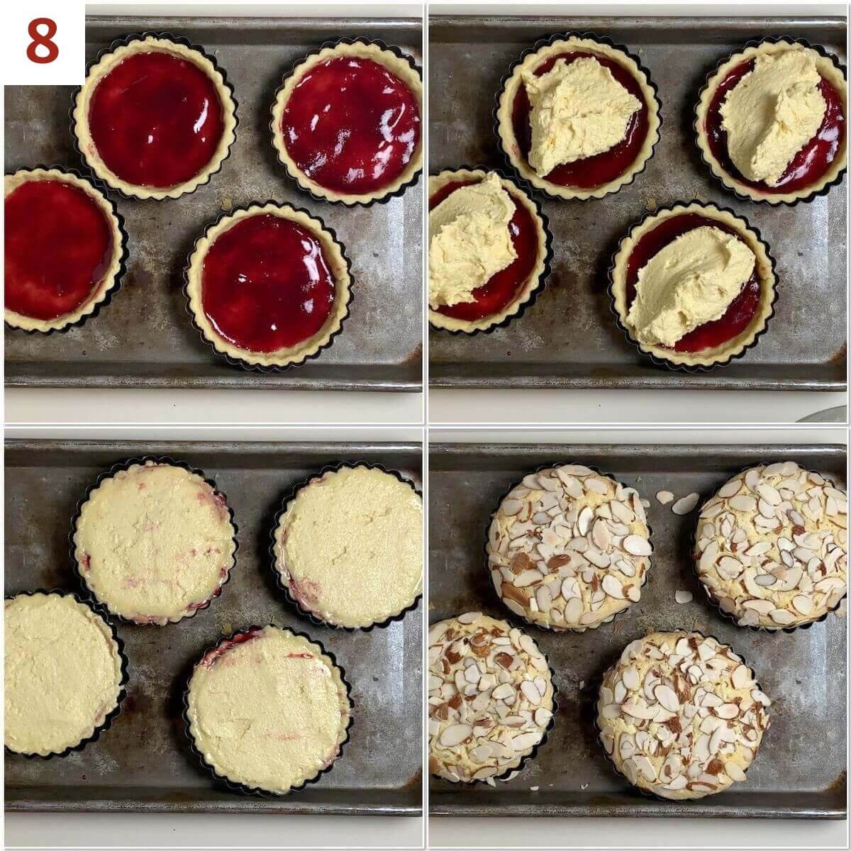Collage of assembling & baking mini Bakewell Tarts.