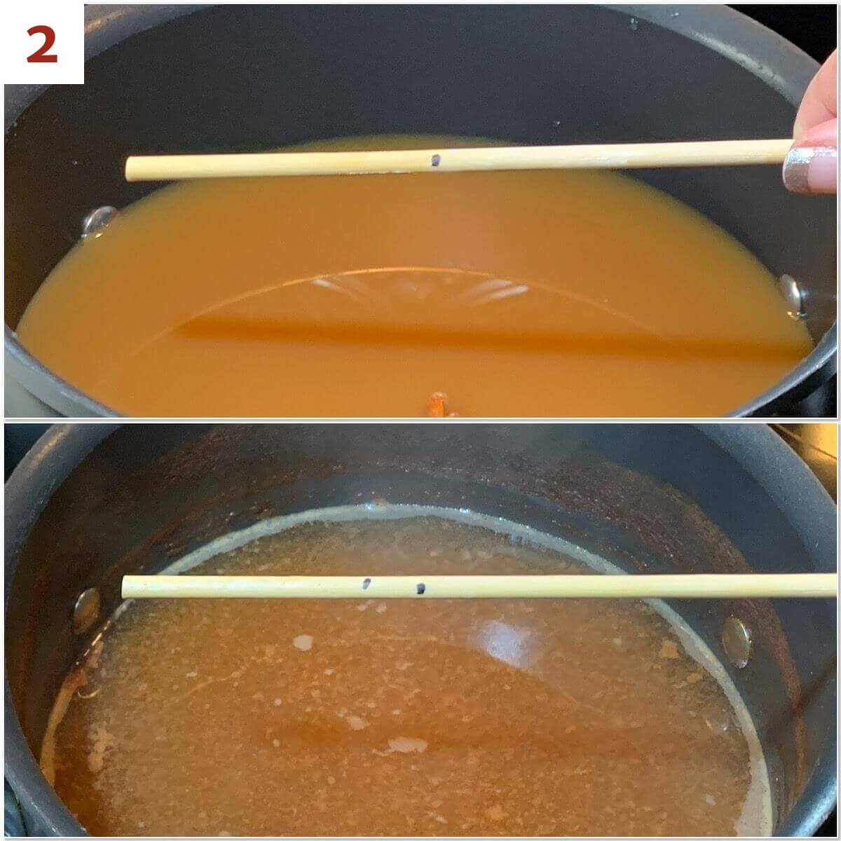 Collage of reducing apple cider in a pot at start and at one hour.