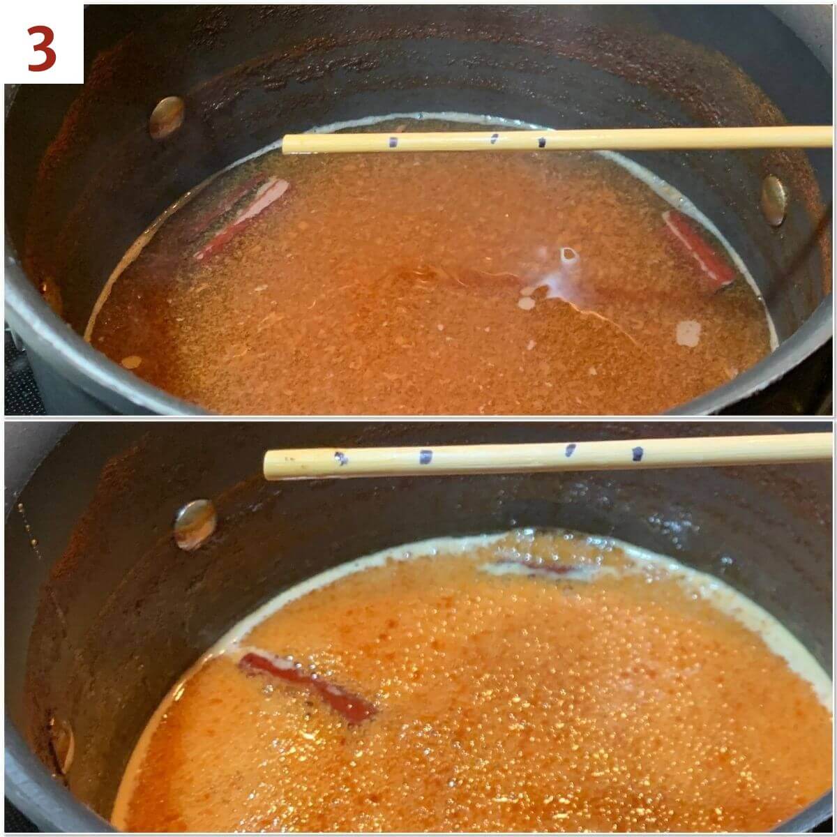 Collage of reducing apple cider in a pot after 2 and 3 hours.