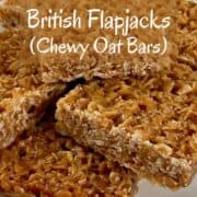British flapjacks stacked on a white plate Pinterest banner.
